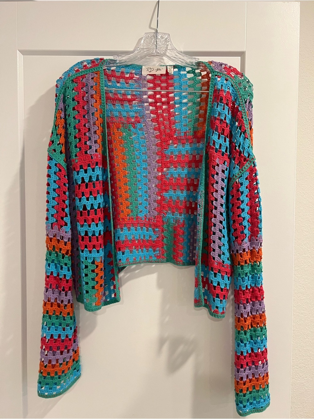 RD Style Multicolor Crochet Open-Front Cardigan - Turquoise, Red, Purple, Orange